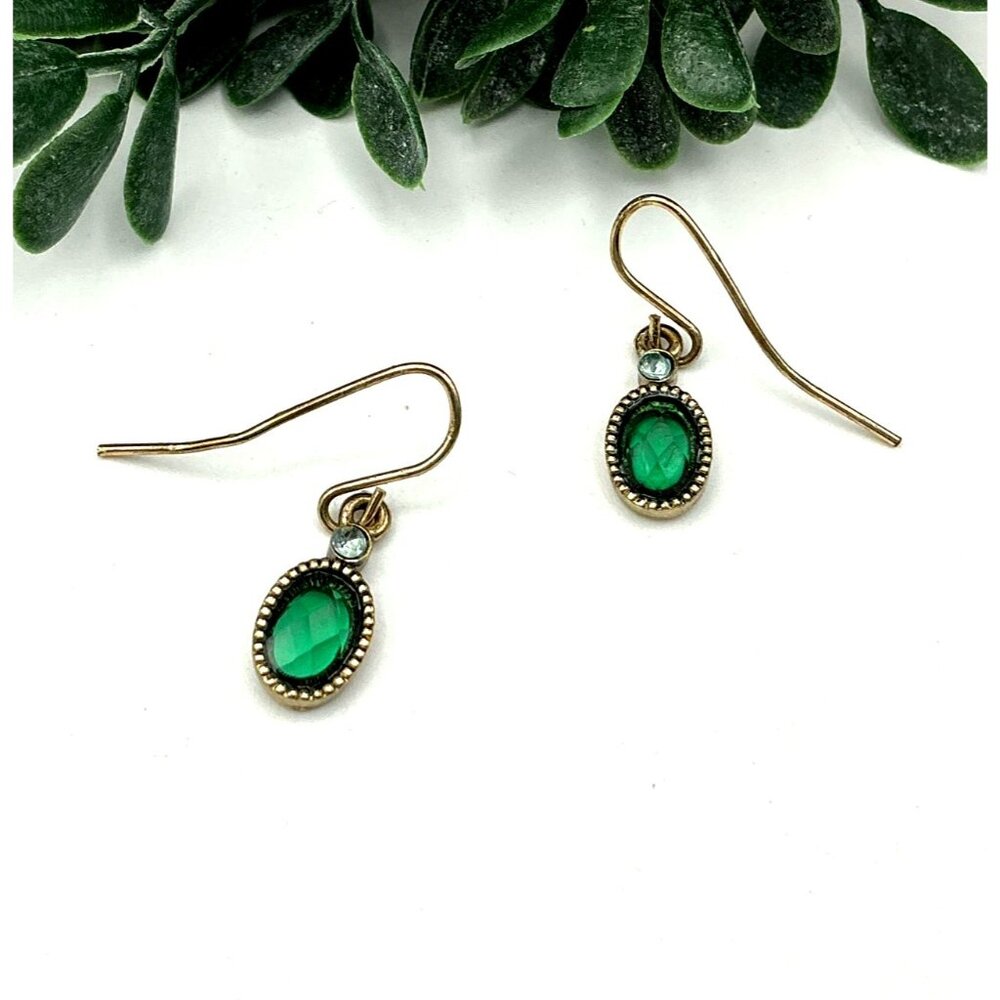 Vintage-Style Gold Tone Drop Earrings With Green Oval Resin gem - Picture 2 of 7